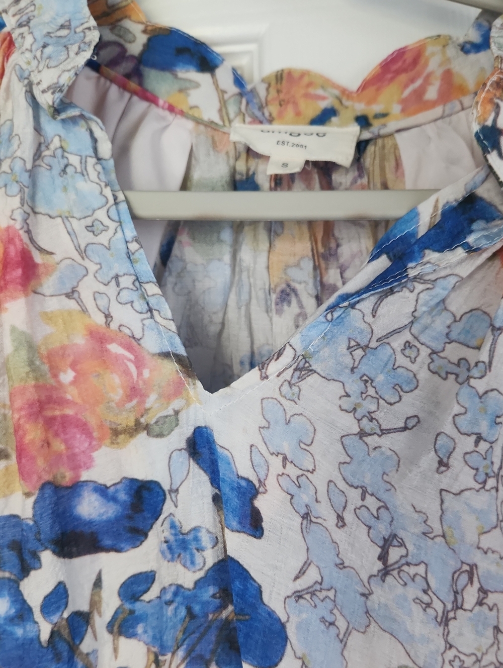 Umgee Floral V-Neck Lightweight Blouse - Blue, Pink, Yellow - Picture 3 of 4